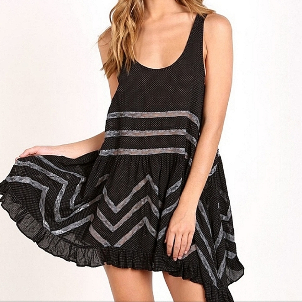 Free People Intimately Trapeze Black and Gray Lace Slip Dress, Large - Picture 2 of 5